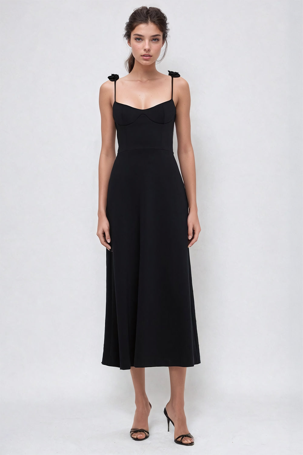 Elegant Rose-Adorned Midi Dress - Black