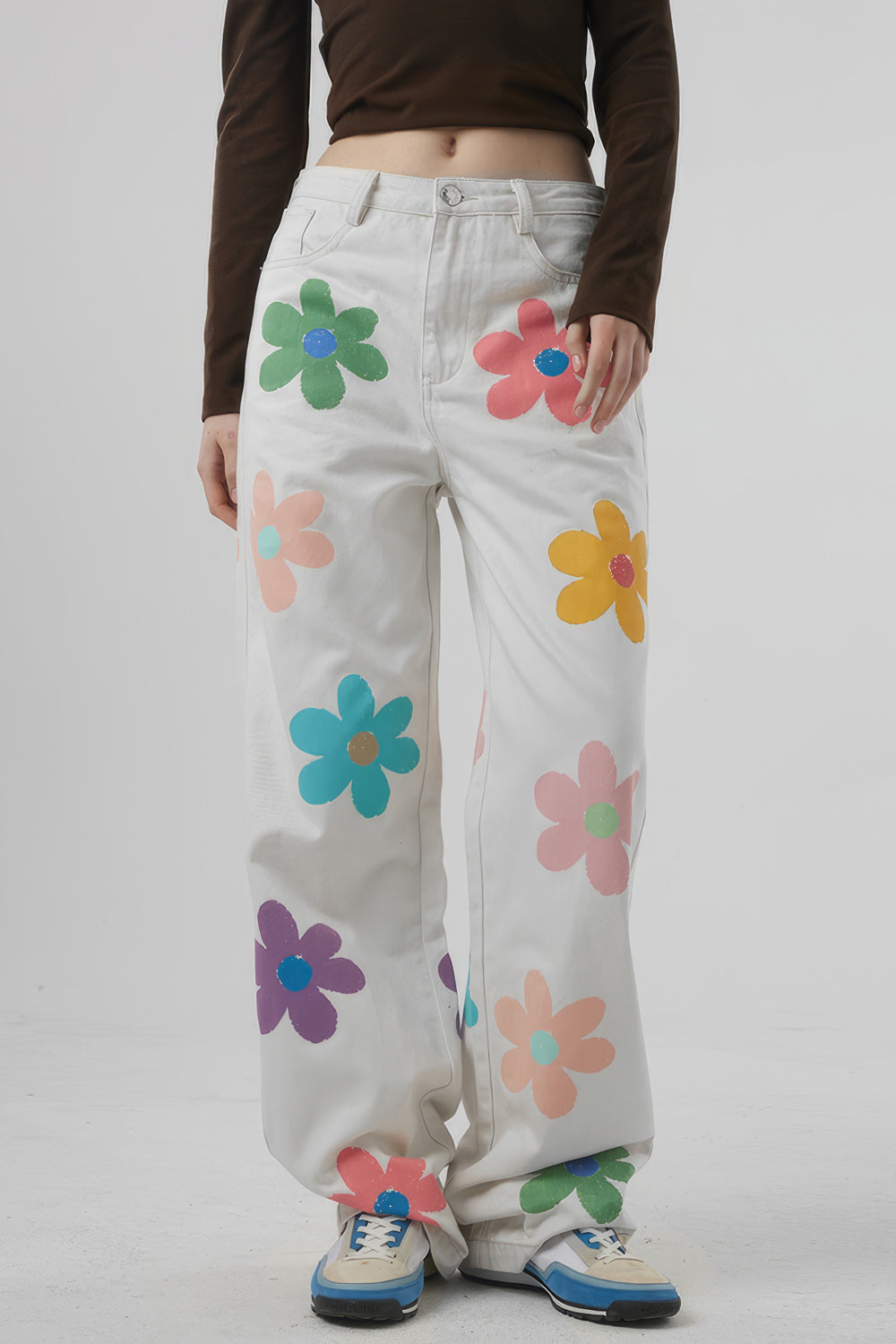 Calças de ganga de cintura alta com flores - Branco