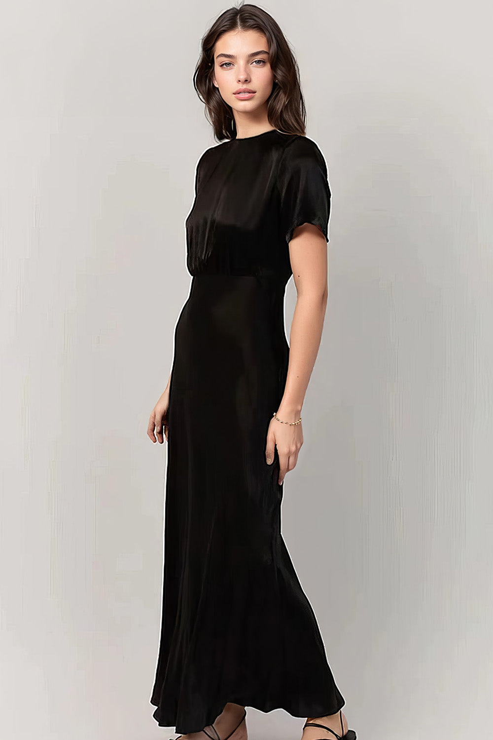 Satin Maxi Dress with Short Sleeves - Black