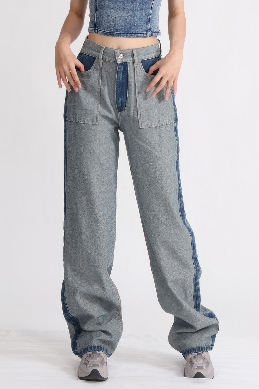 Calças de ganga de cintura alta em ganga lavada - Azul