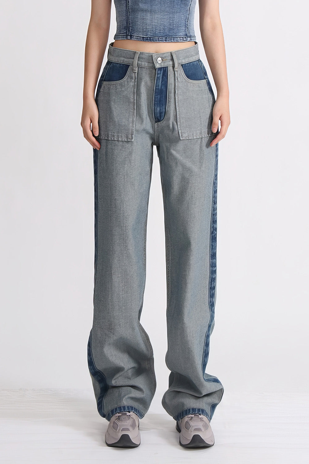 Jeans med hög midja i tvättad jeans - Blå