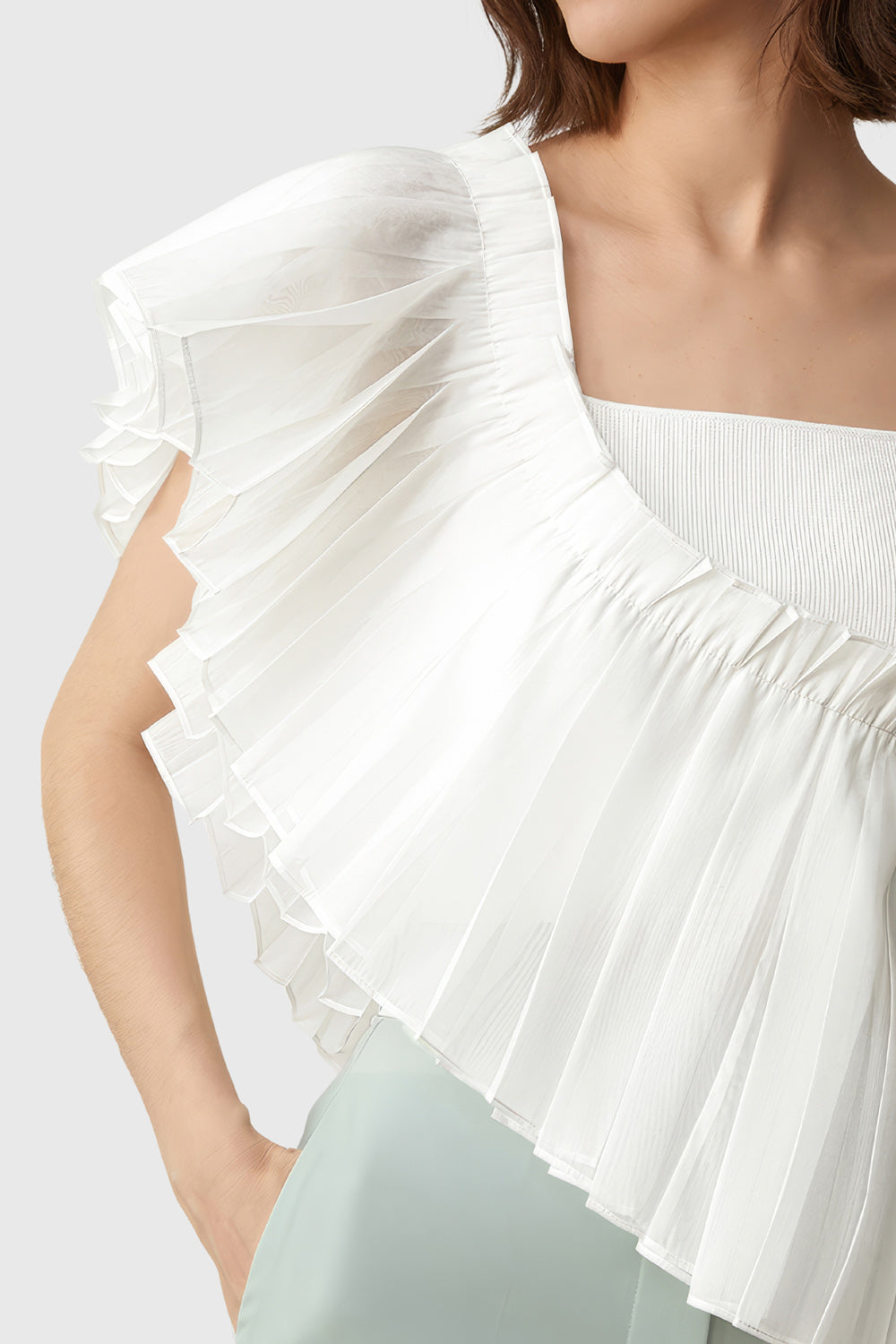 Top with Ruffle and Square Neck - White