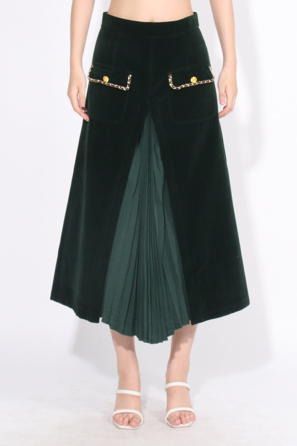 High Waisted Velvet Midi Skirt - Dark Green