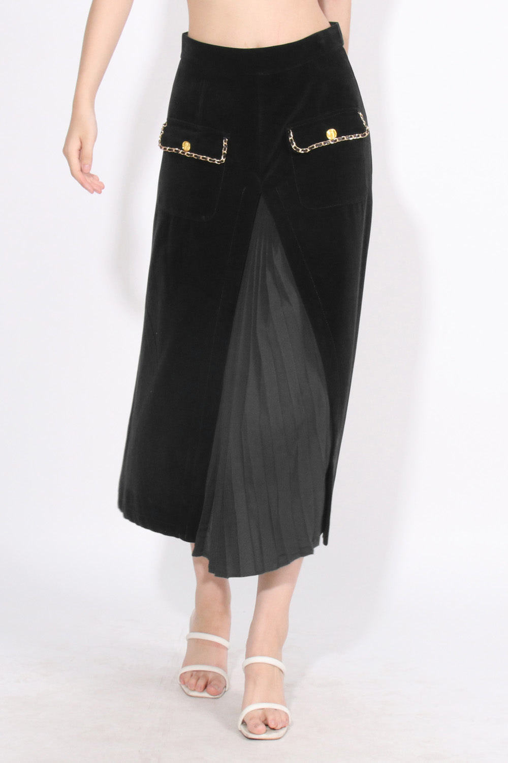 High Waisted Velvet Midi Skirt - Black