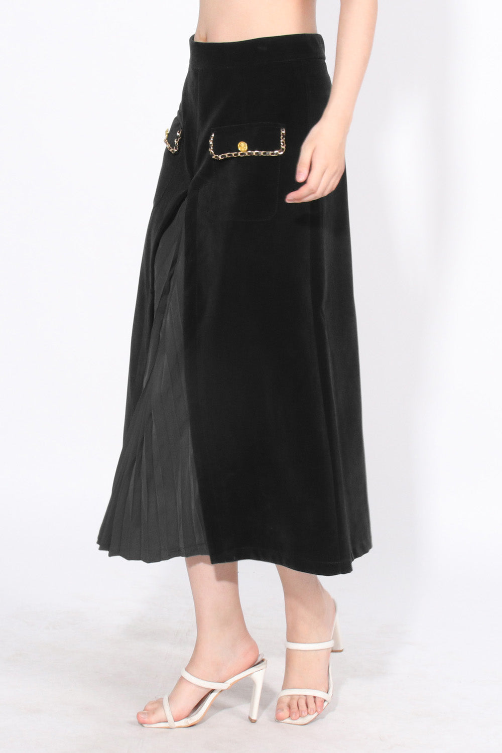 High Waisted Velvet Midi Skirt - Black