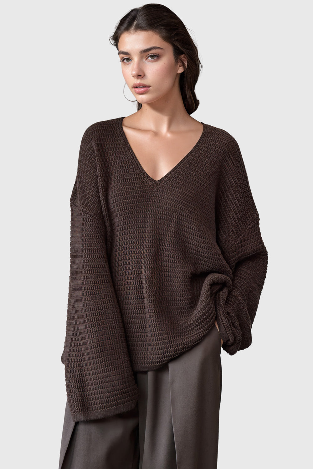 Knitted V Neckline Sweater - Brown