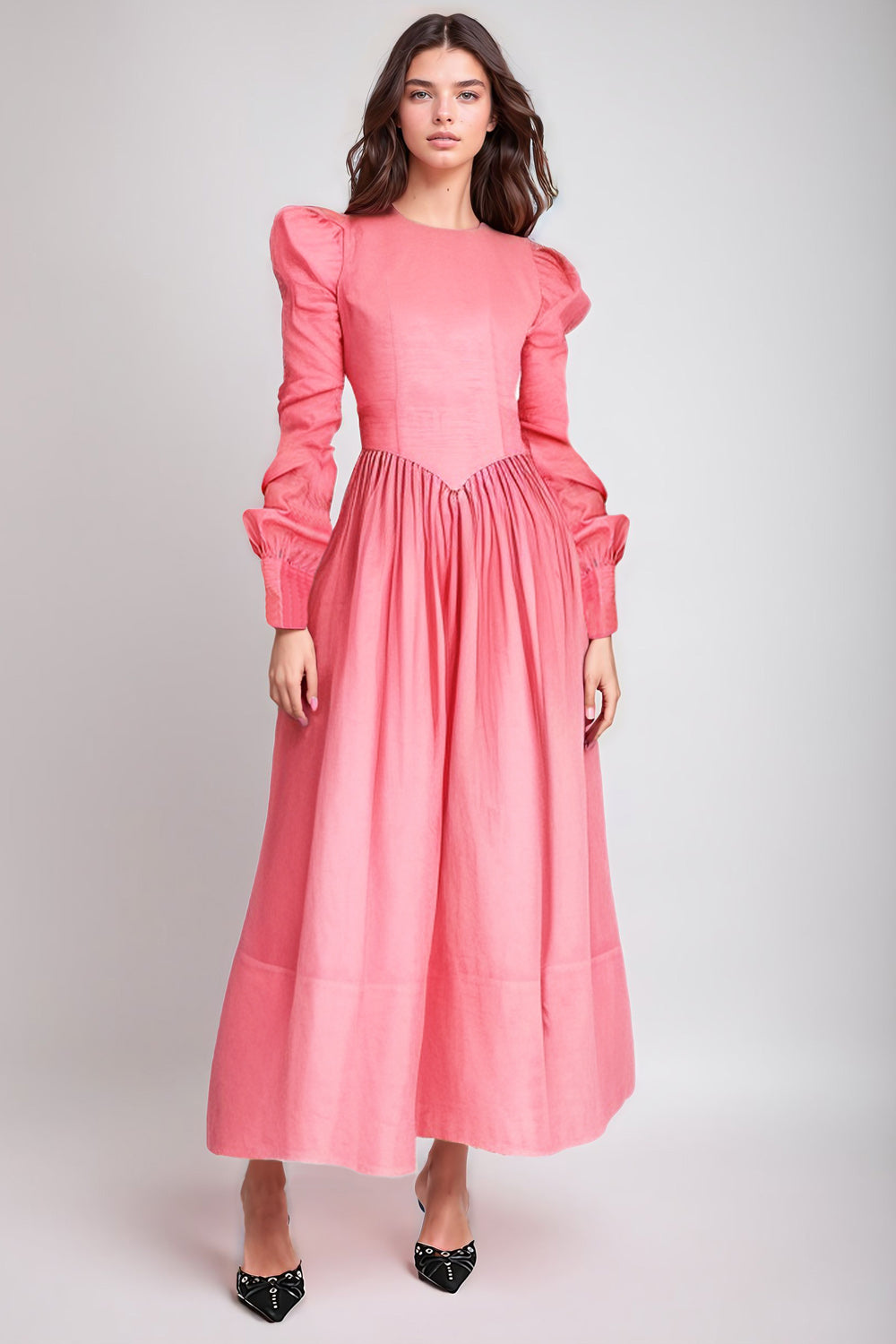 Midi Dress with Structured Shoulders and Puff Sleeves - Pink