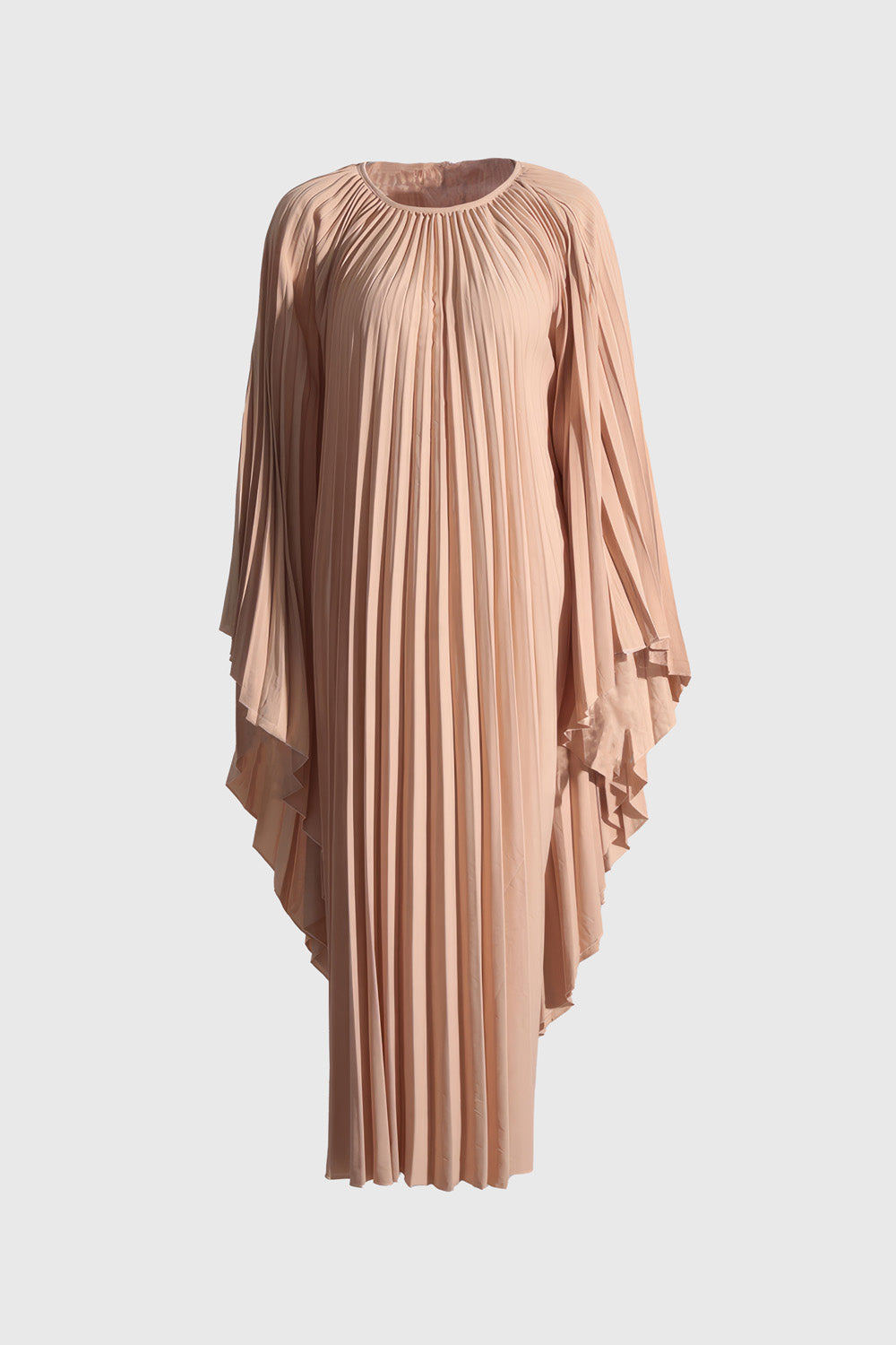 Pleated Maxi Dress with Long Sleeves - Beige