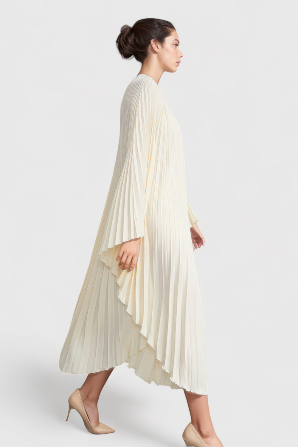Pleated Maxi Dress with Long Sleeves - Vanilla
