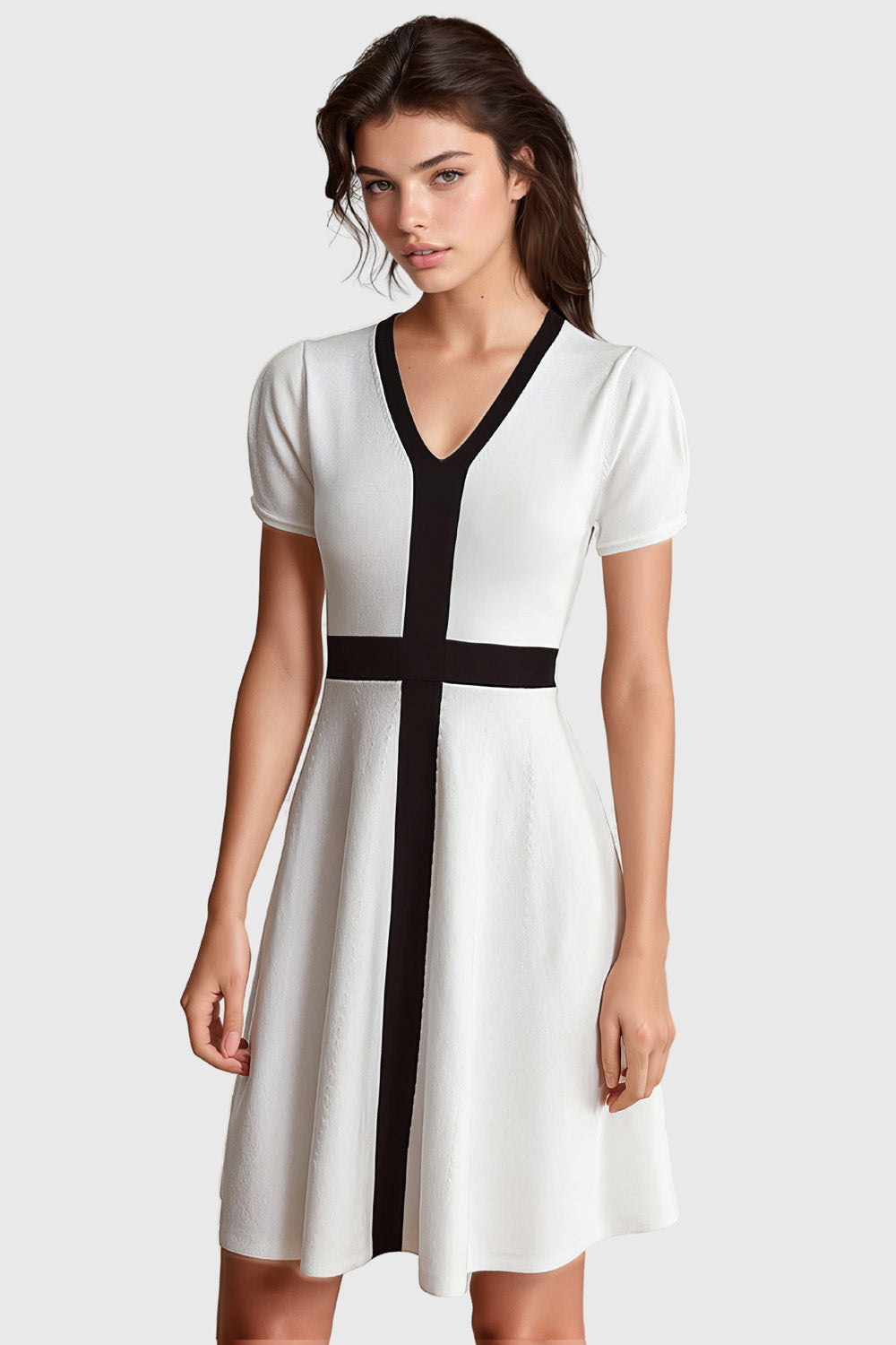 Contrast Dress with Short Sleeves - White