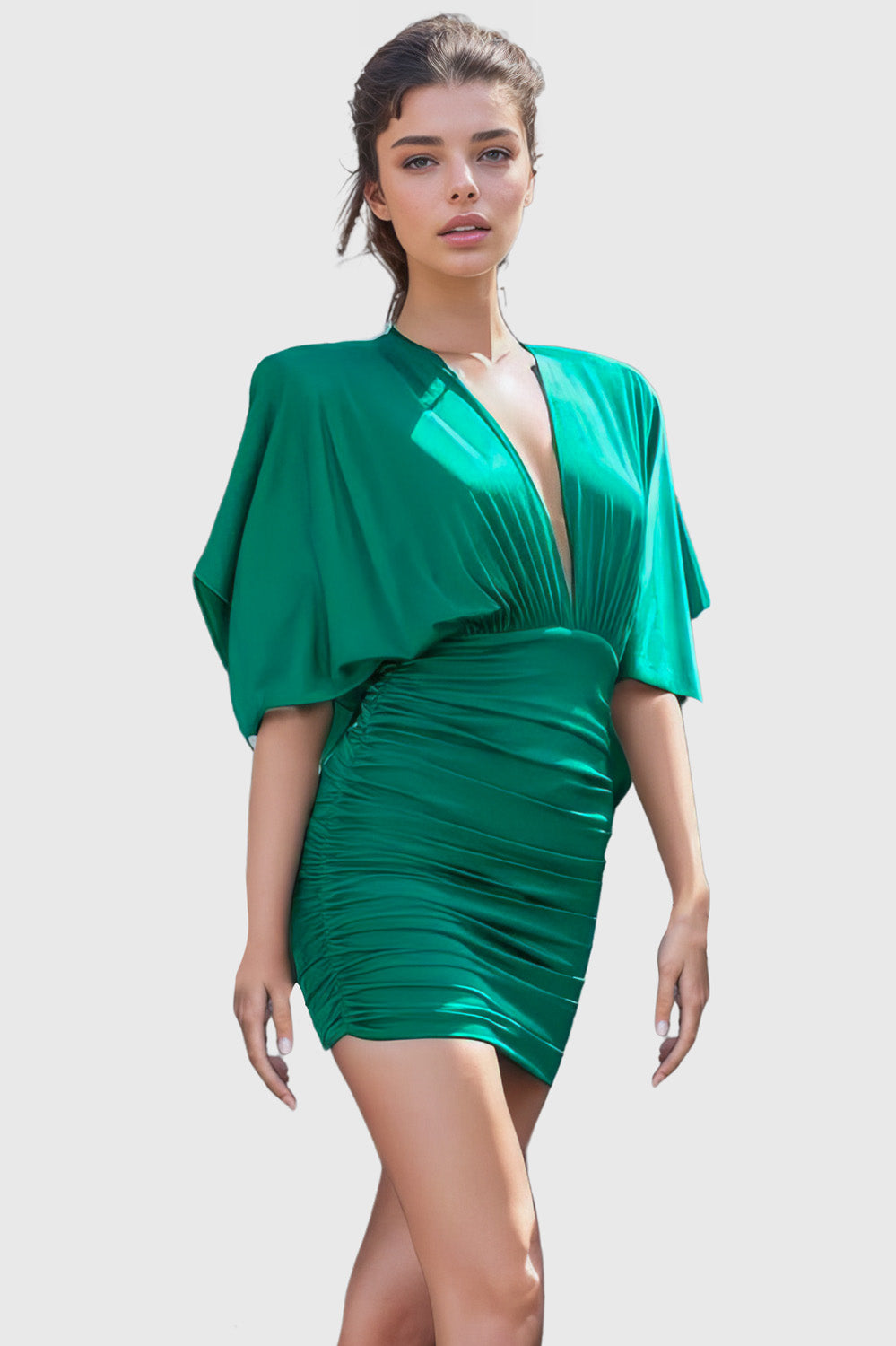Deep V Neckline Mini Dress - Green