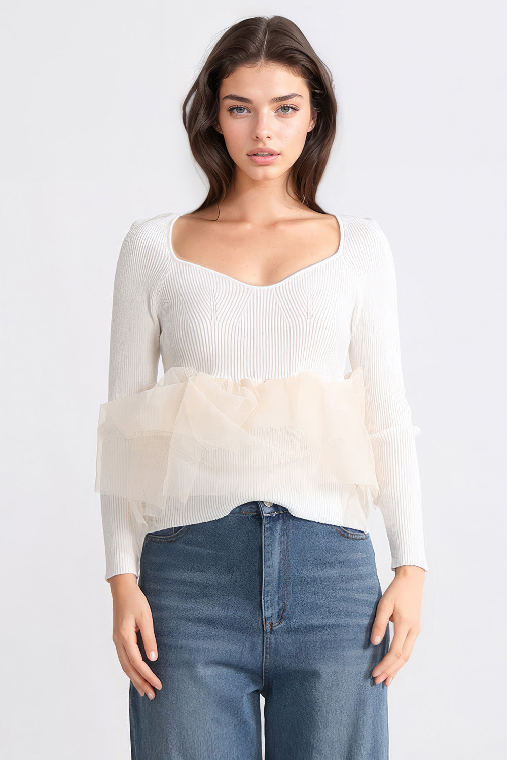 Long Sleeve Top with Mesh Detail - White