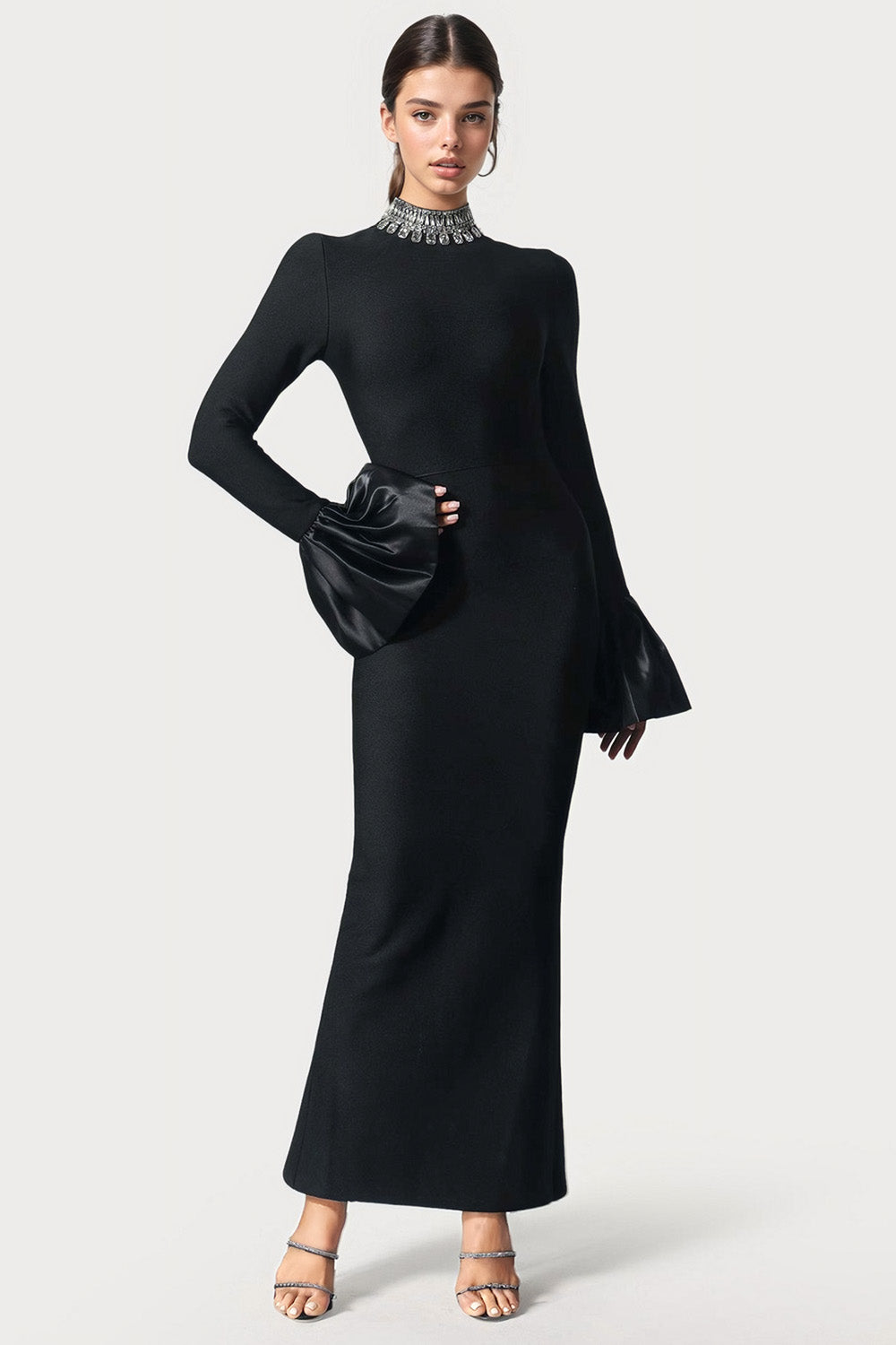 Maxi Dress with Flared Cuffs and Slit - Black