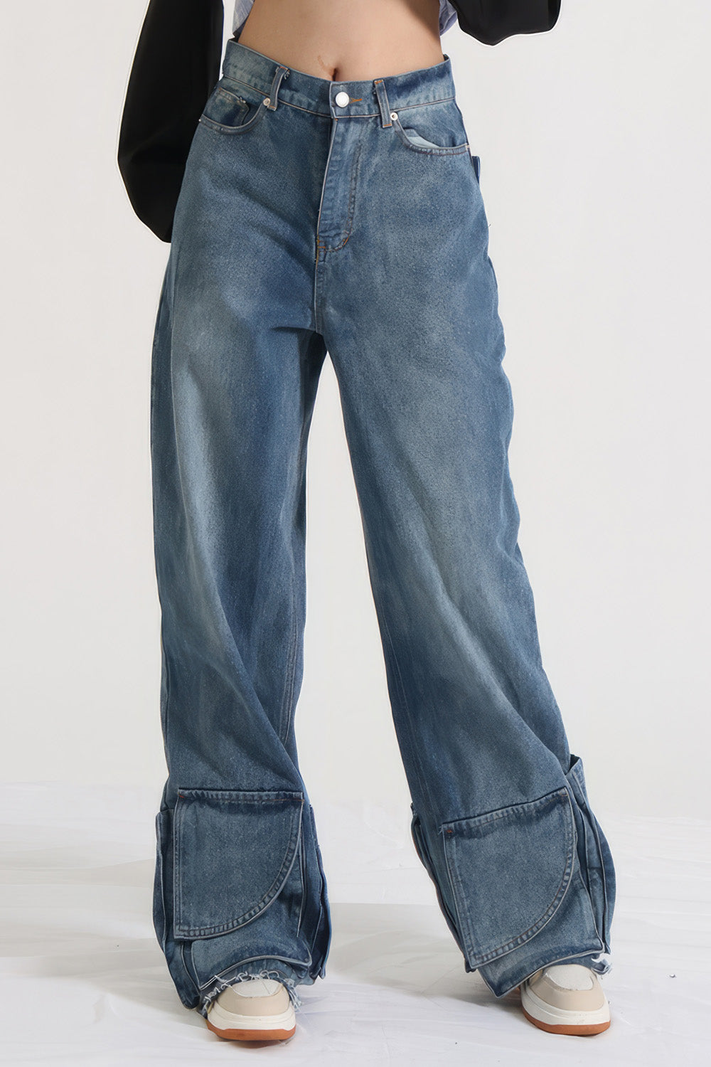 High Waisted Jeans with Pockets at Hem - Blue