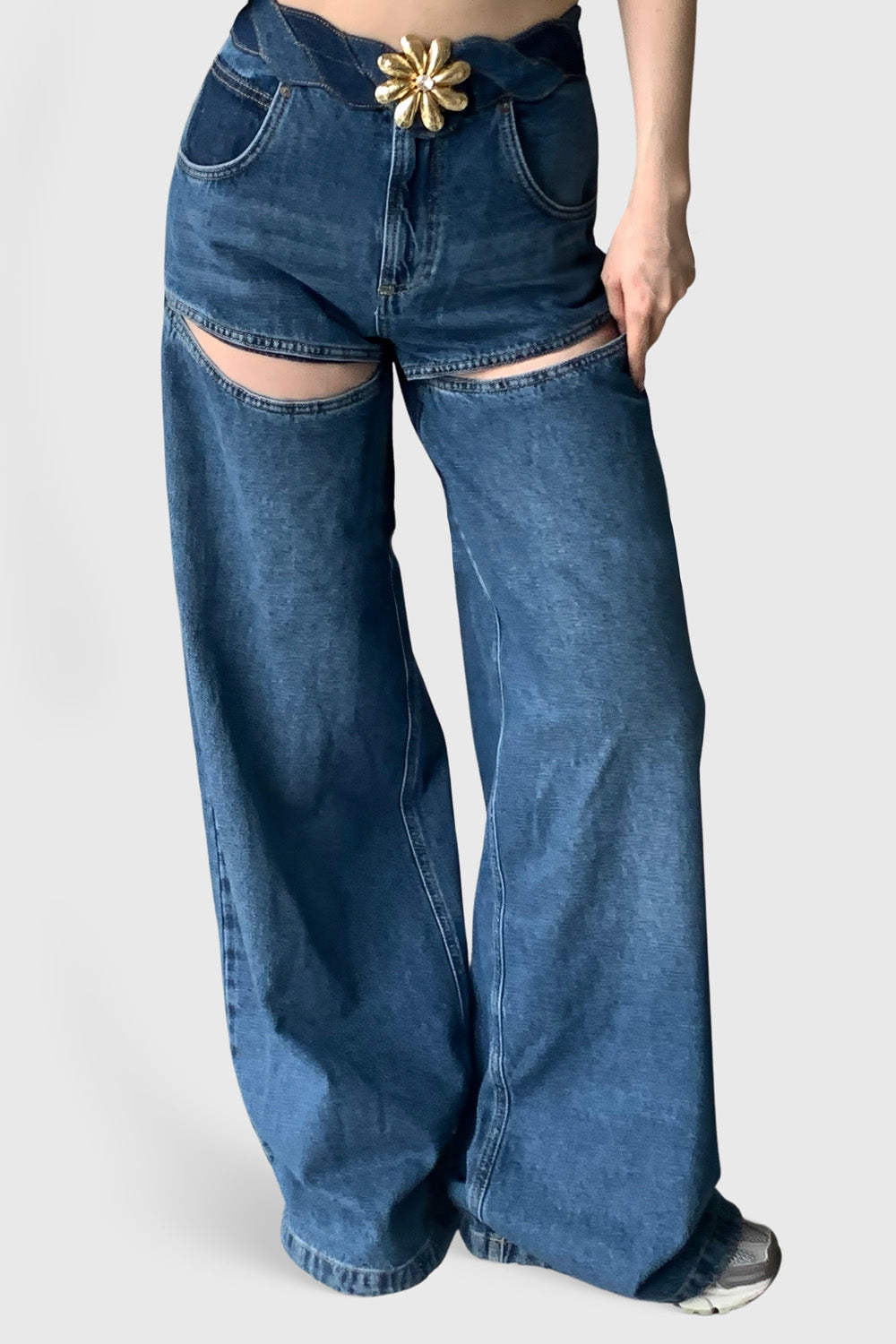 Wide Jeans with Front Cuts - Blue
