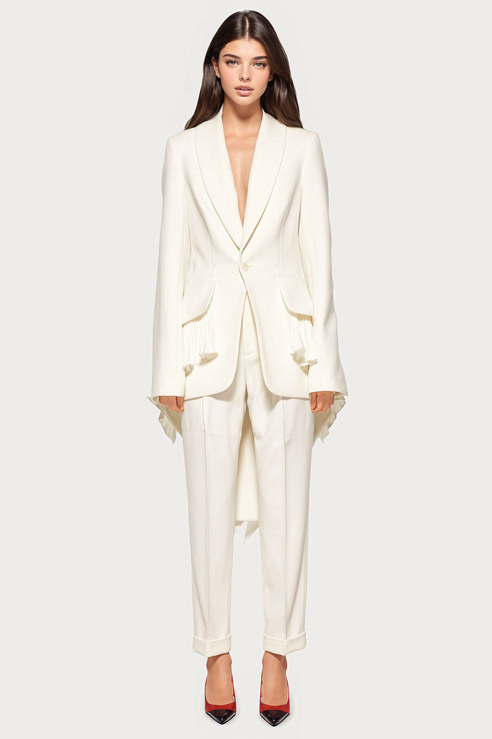 Tailored Blazer with Ruffled Details - White