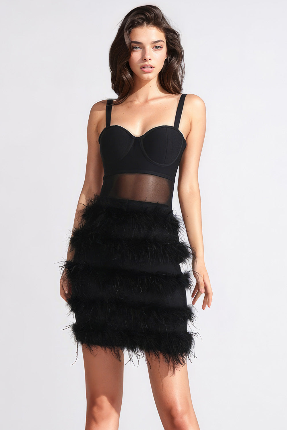 Mini Dress with Mesh and Feathers - Black