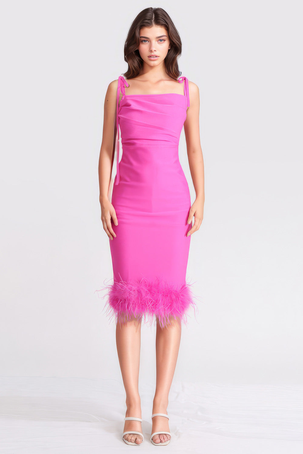 Sukienka bodycon midi z piórami - różowa