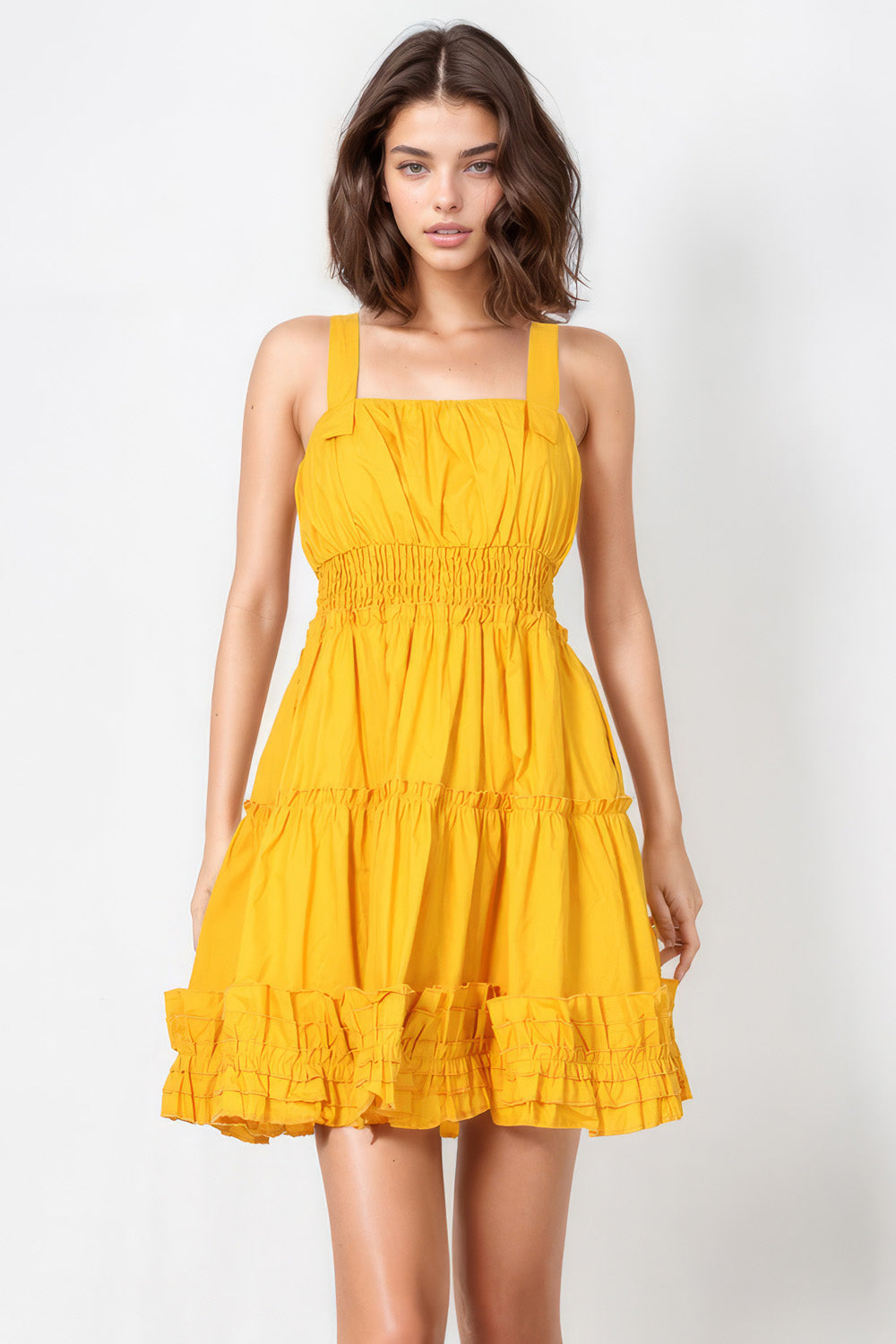 Mini Dress with Square Neckline - Yellow