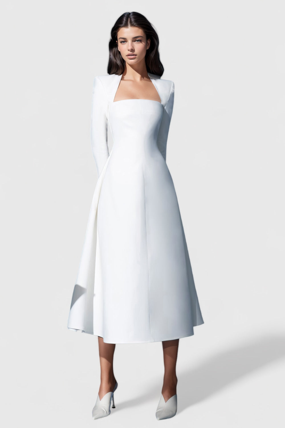 Midi Dress with Square Neckline and Padded Shoulders - White