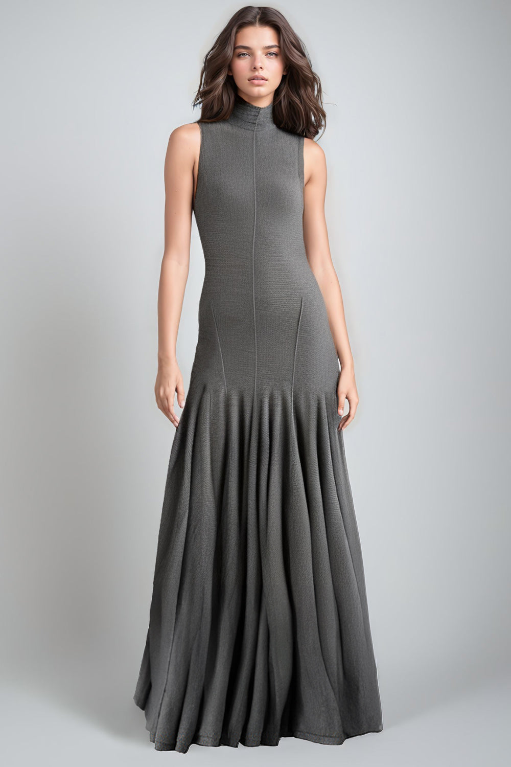 Sleeveless Maxi Dress with Pleated Skirt - Grey