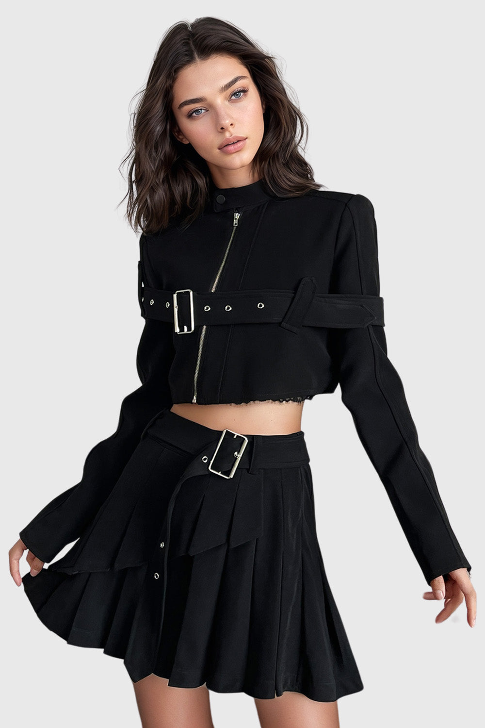 Belted 2-Piece Set with Jacket and Skirt - Black