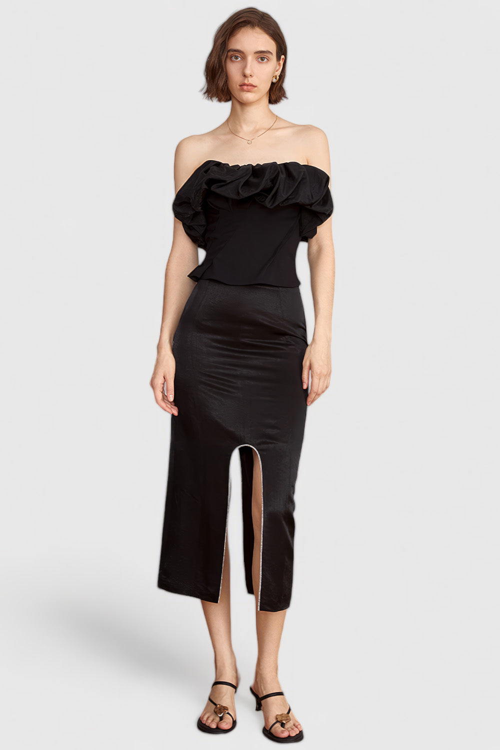 Strapless Top with Ruffle - Black