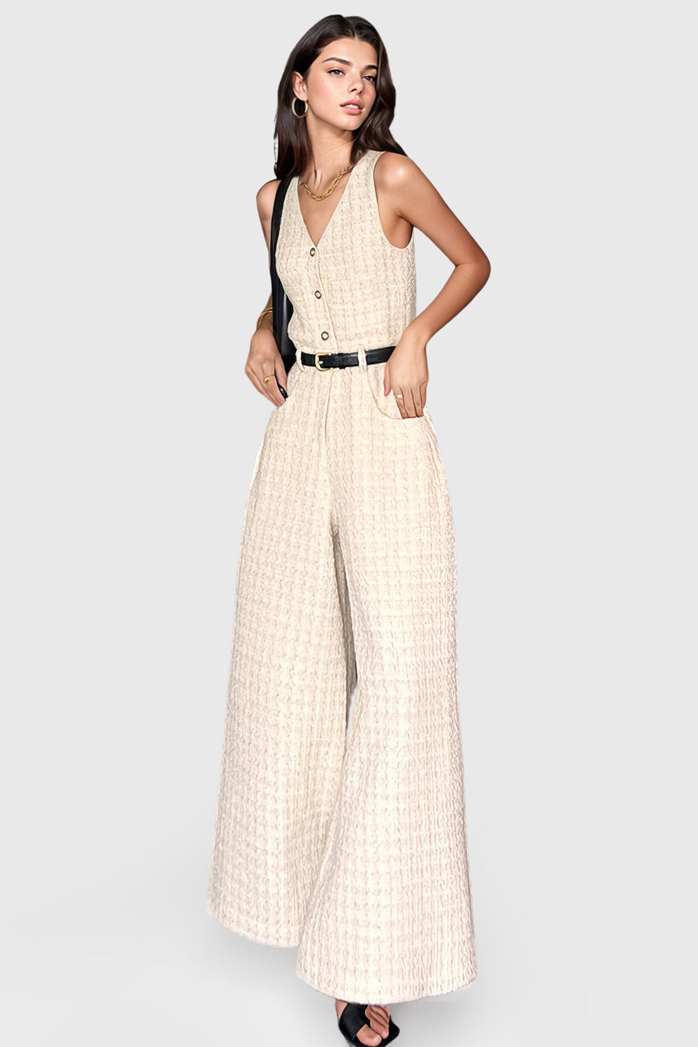 Textured 2-Piece Set with Jumpsuit and Short Jacket - White