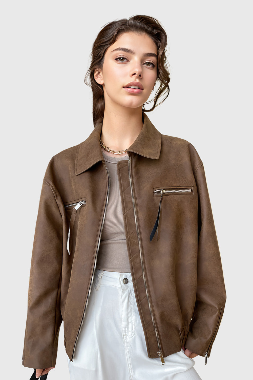 Minimal Leather Jacket with Zipper - Brown