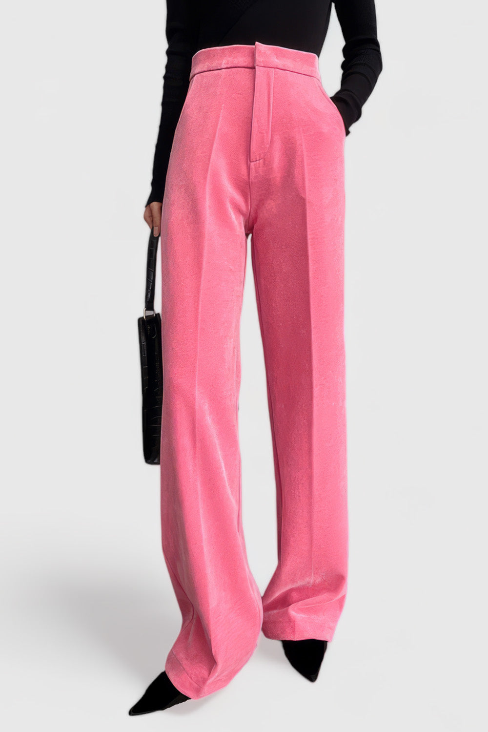 Aksamitne spodnie z wysokim stanem - różowe