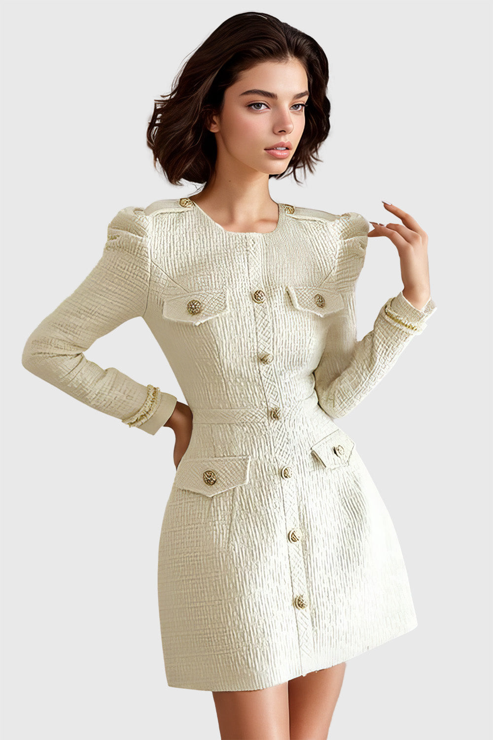 Tweed-miniklänning med lång ärm - Vit