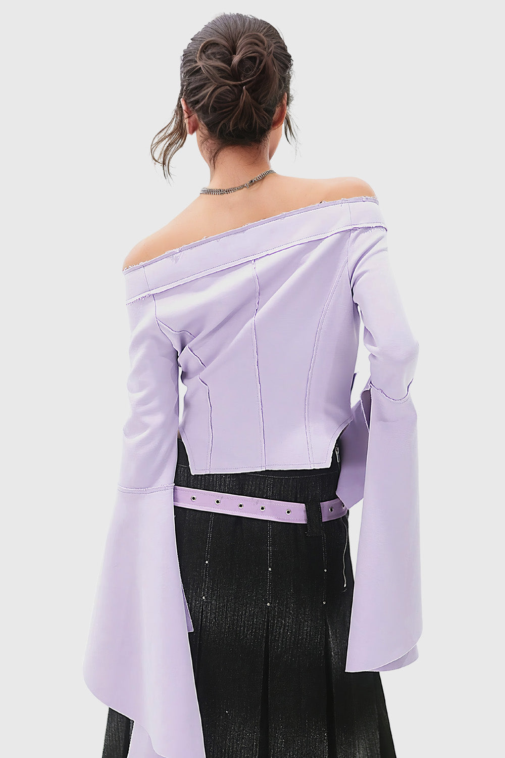 Off Shoulders Shirt with Extra Long Sleeves - Purple