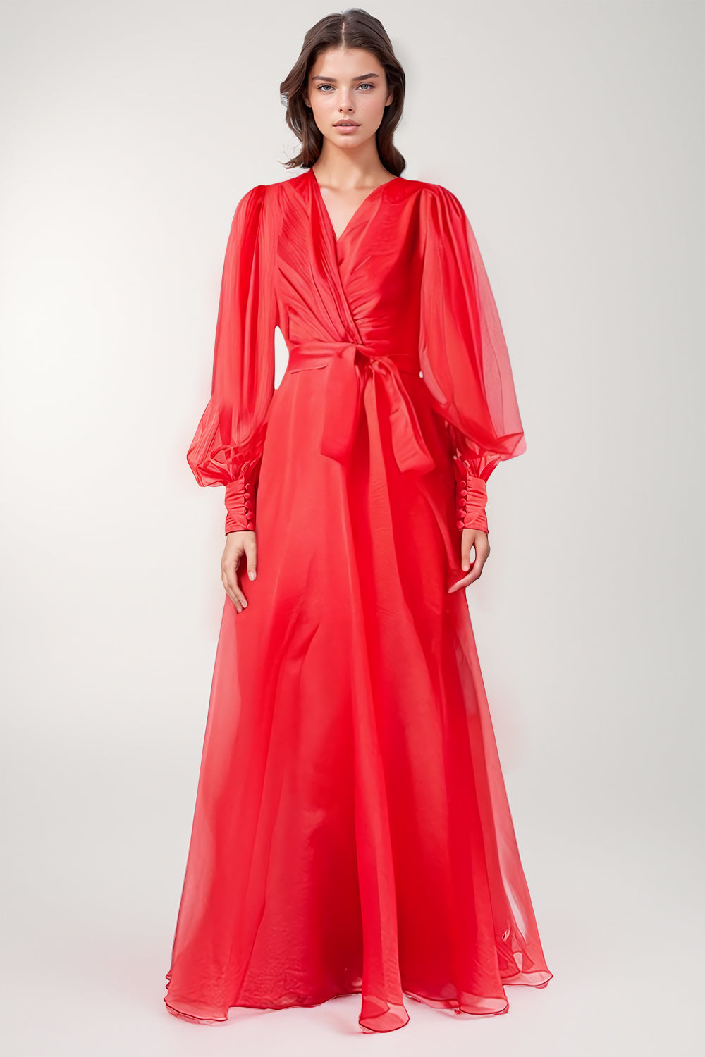 Vestido maxi de malha com decote em V - Vermelho