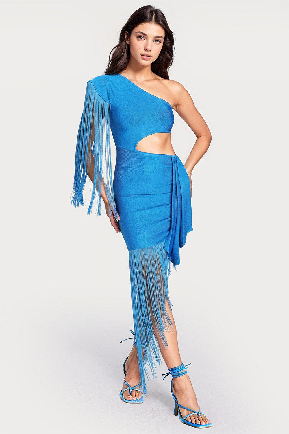 Off-Shoulder Cut-Out Dress with Fringe - Blue