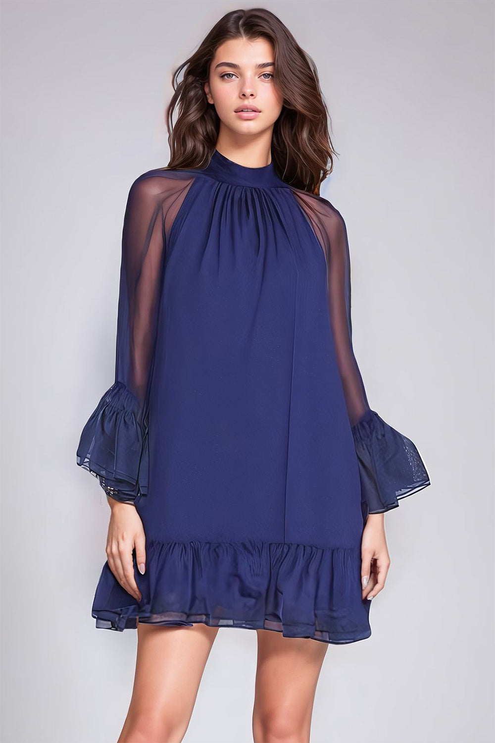 Mini Dress with Ruffled Hem and High Neckline - Blue