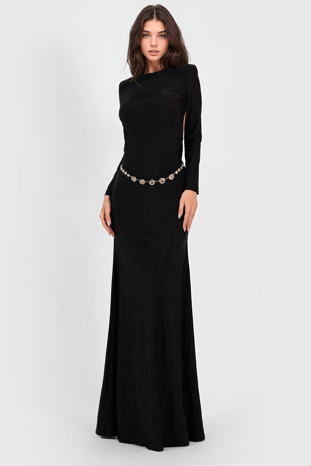 Backless Maxi Dress with Long Sleeves - Black