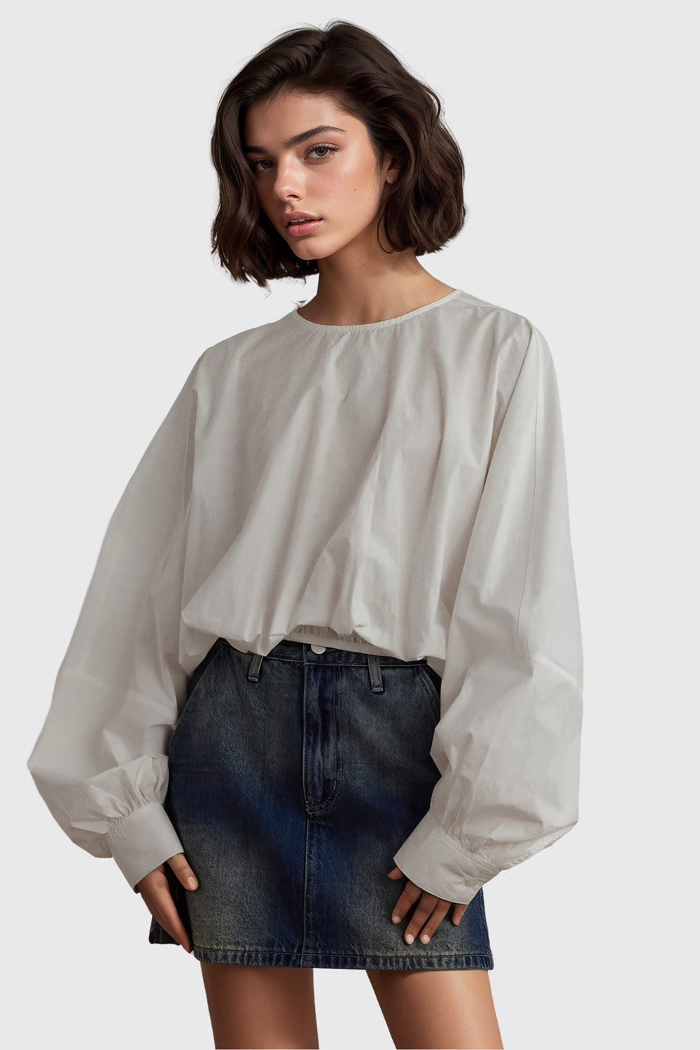 Elegant Shirt with Elastic Hem - White