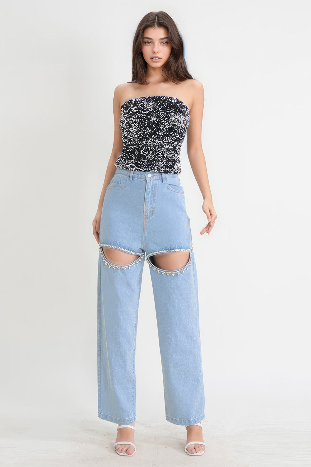 High Waisted Jeans with Cut Outs - Blue
