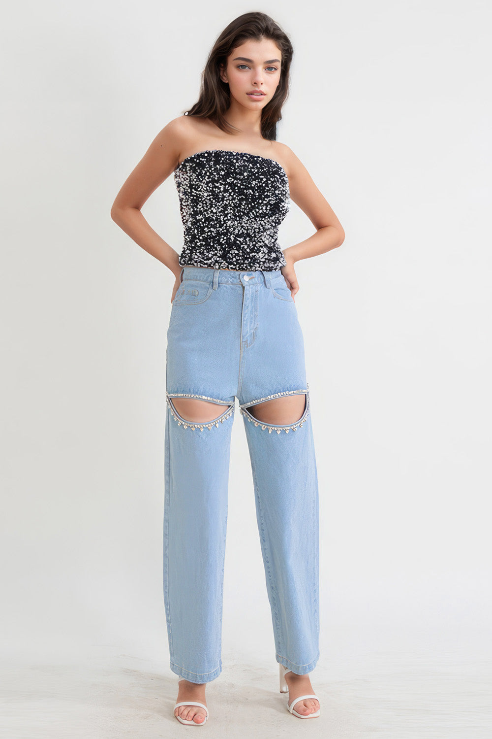 High Waisted Jeans with Cut Outs - Blue