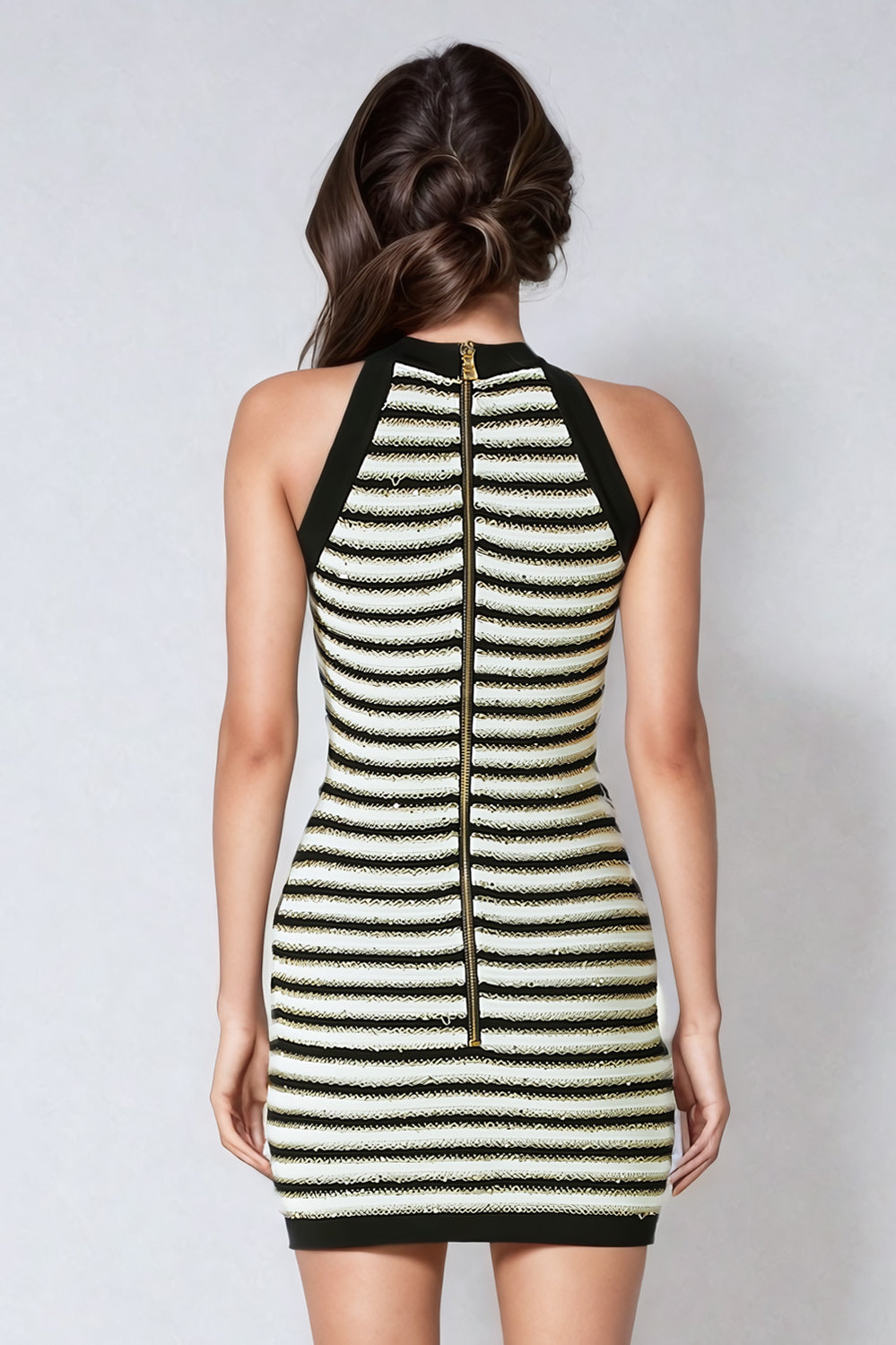 Sophisticated Mini Dress with Gold Accents - Black & White