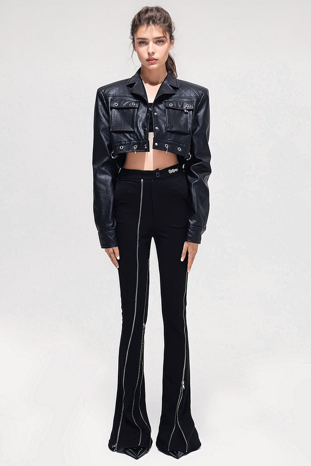 High-Waisted Trousers with Zip-Ups - Black