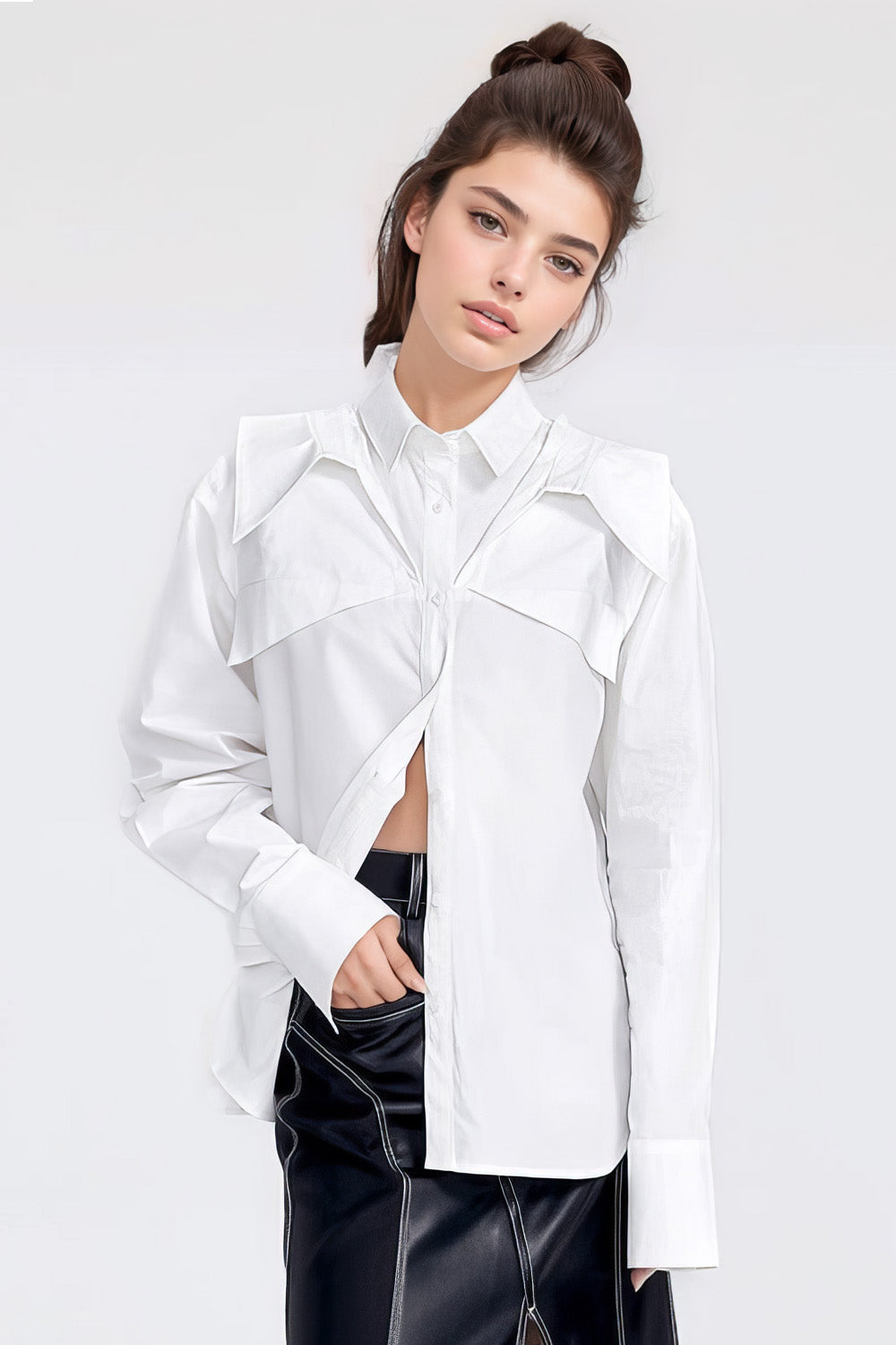 Long Sleeve Shirt with Shoulder Detail - White