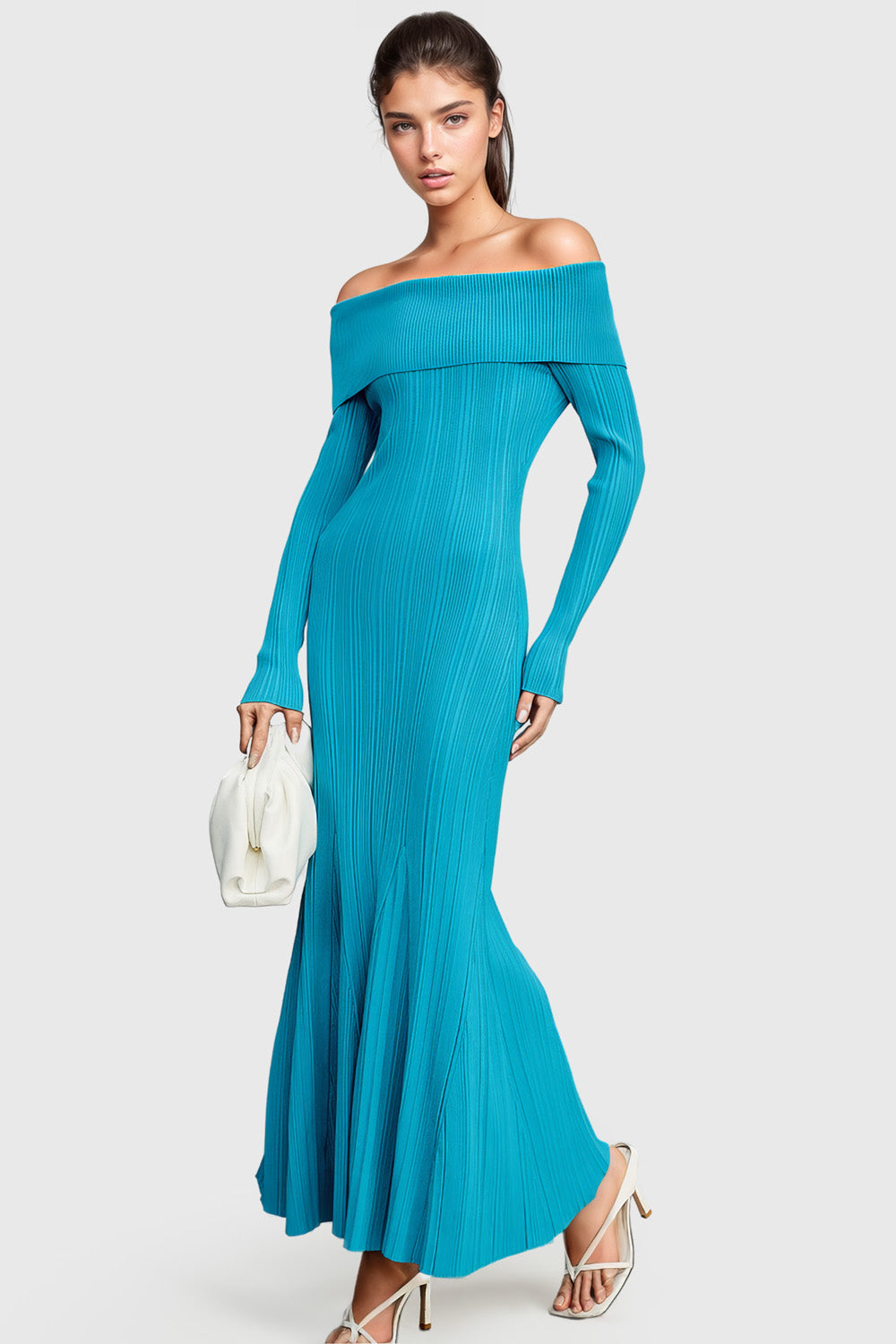 Off Shoulders Knitted Maxi Dress - Blue