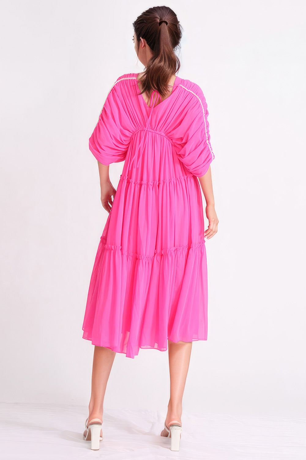 Midi Dress with Wing Sleeves - Pink
