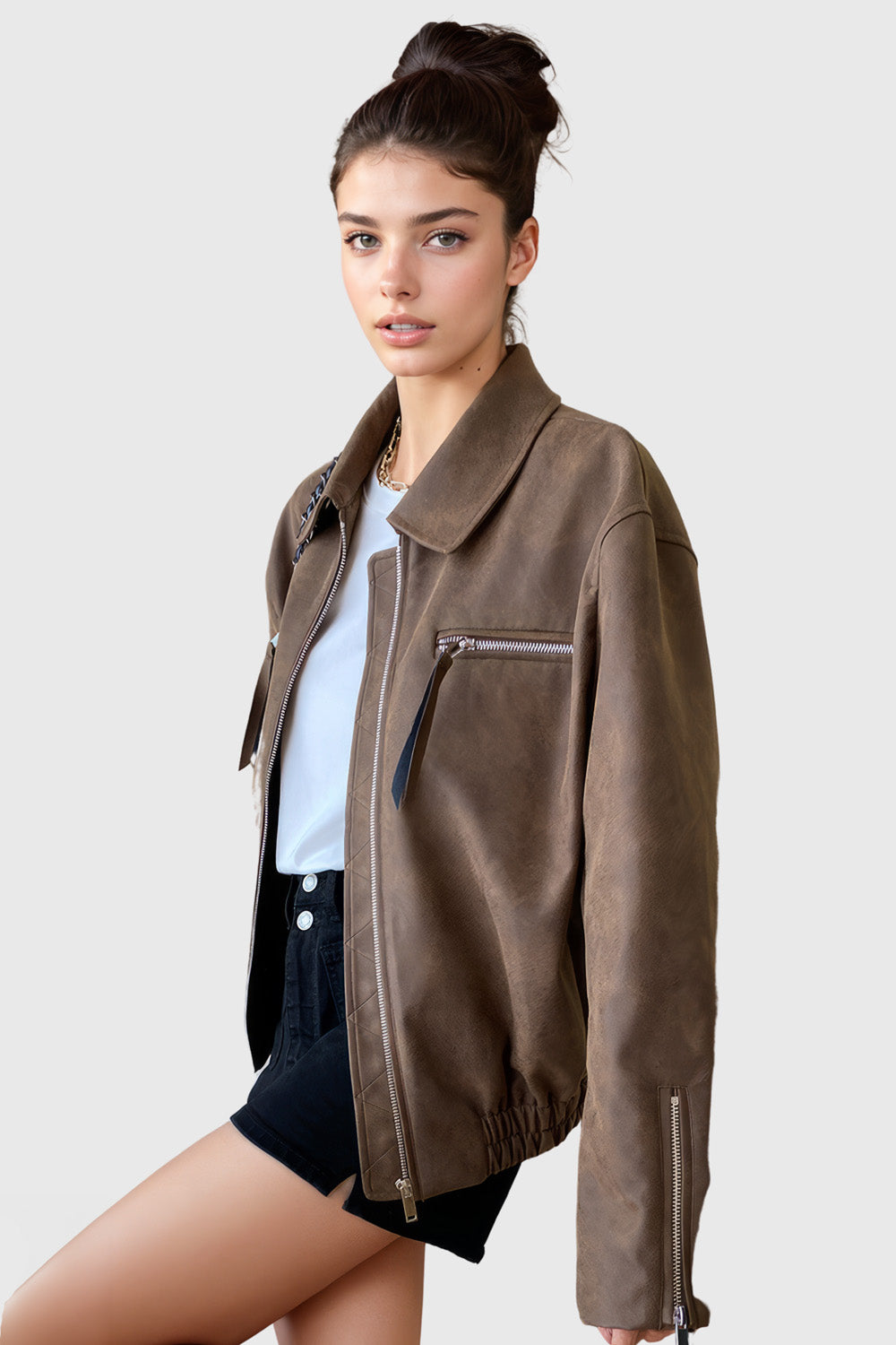 Minimal Leather Jacket with Zipper - Brown