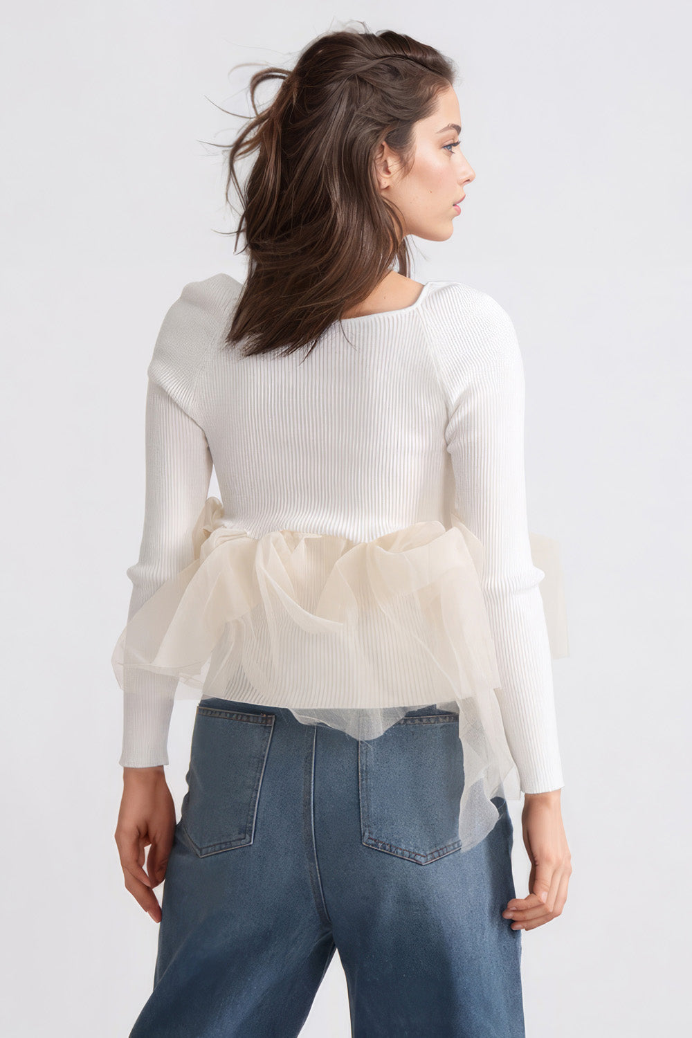 Long Sleeve Top with Mesh Detail - White