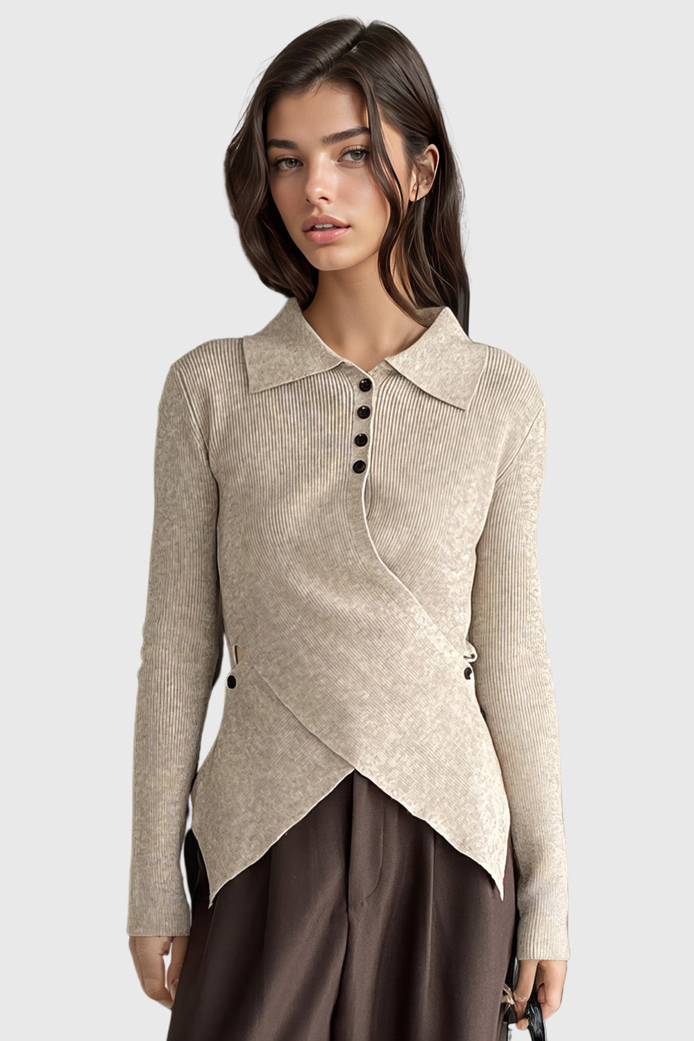 Knitted Top with Collar and Irregular Hem - Beige