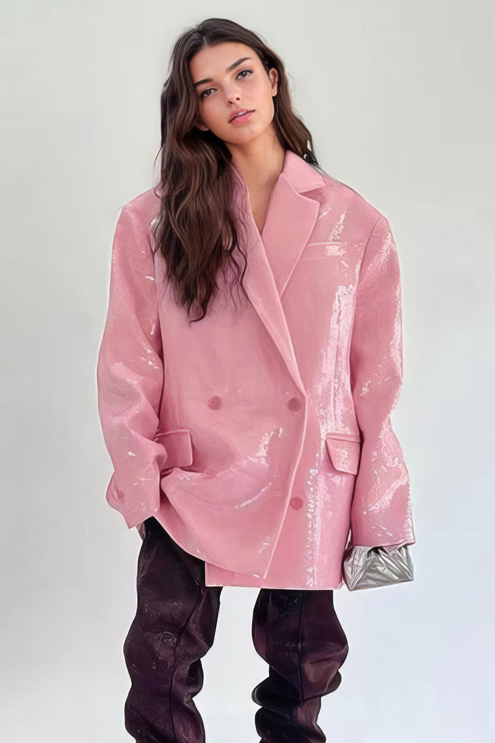 Oversized Double Breasted Blazer with Sequins - Pink