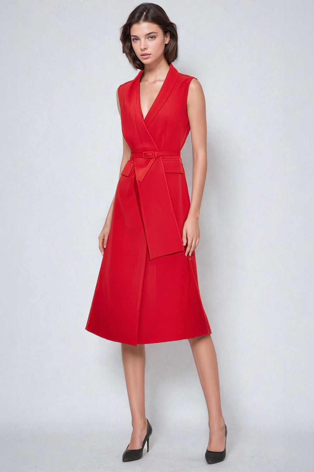 Asymetryczna nakładana sukienka midi ze stylowym paskiem - czerwona