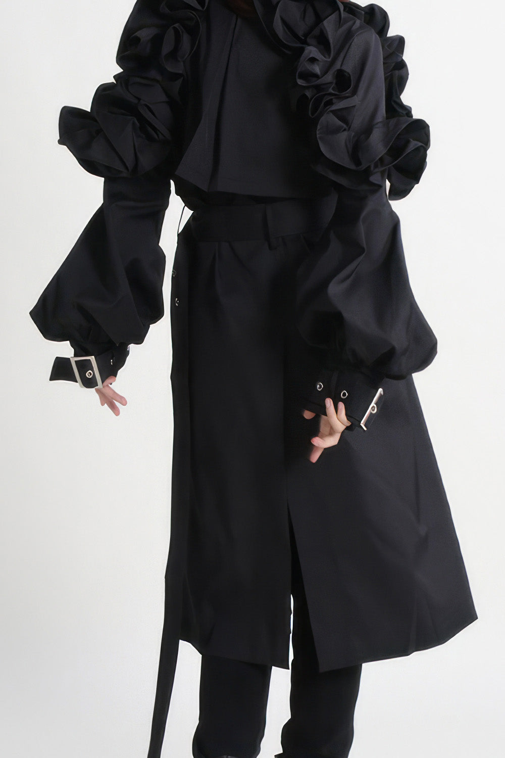 Single Breasted Trenchcoat with Sleeve Details - Black